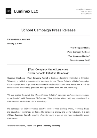 Free Professional School Campaign Press Release Template to Edit Online