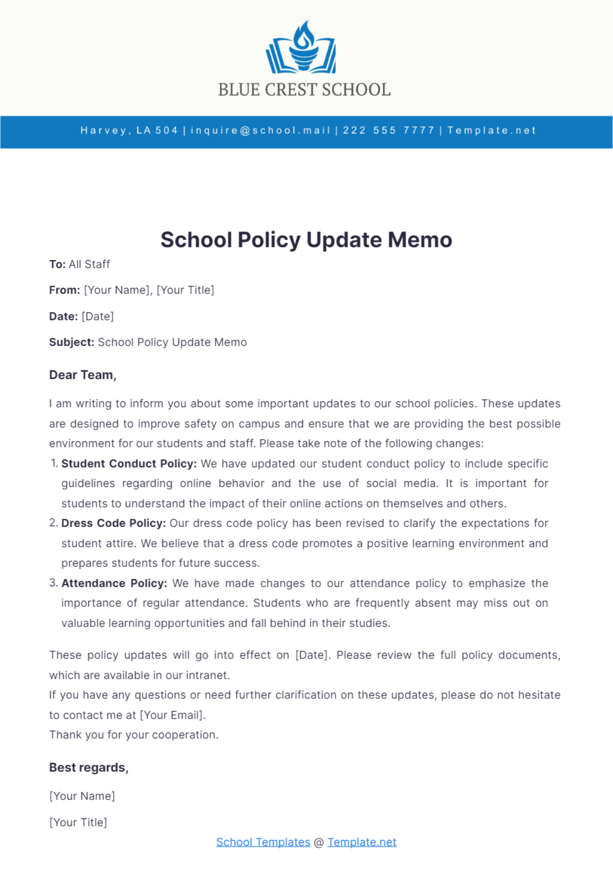 School Policy Update Memo Template - Edit Online & Download