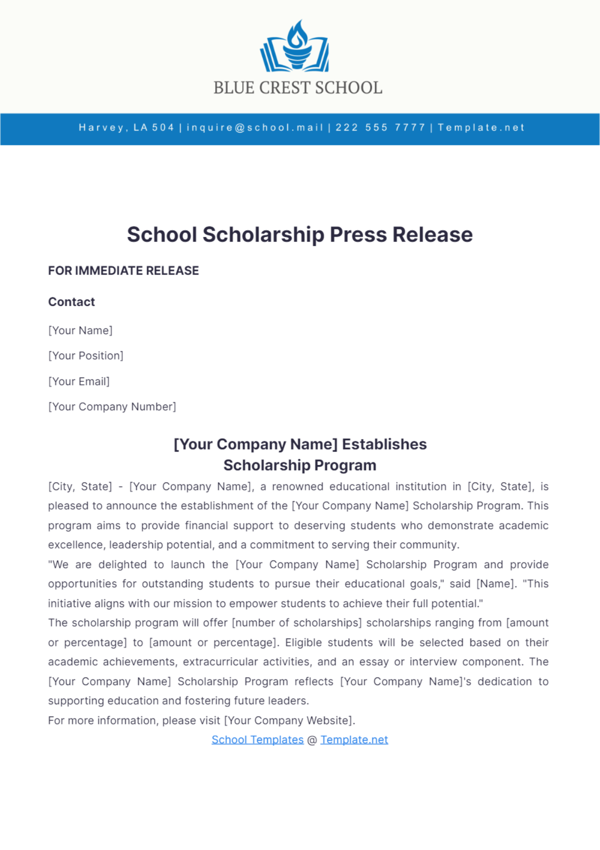 School Scholarship Press Release Template - Edit Online & Download