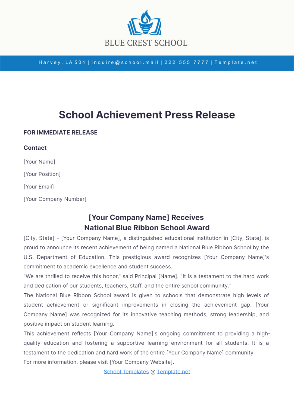 School Achievement Press Release Template - Edit Online & Download