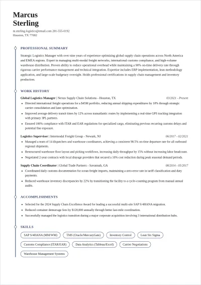Free Logistics ATS Resume Template, AI Resume Builder