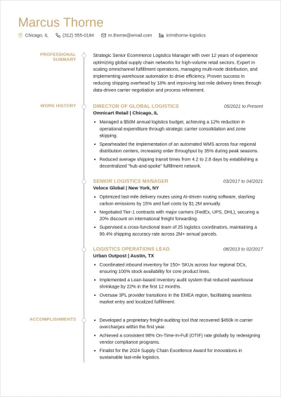 Free Ecommerce Logistics Manager ATS Resume Template