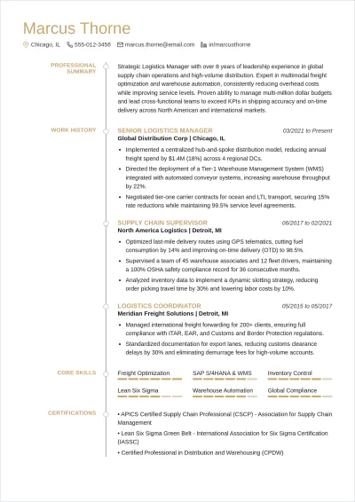 Free Logistics Manager ATS Resume Template, AI Resume Builder