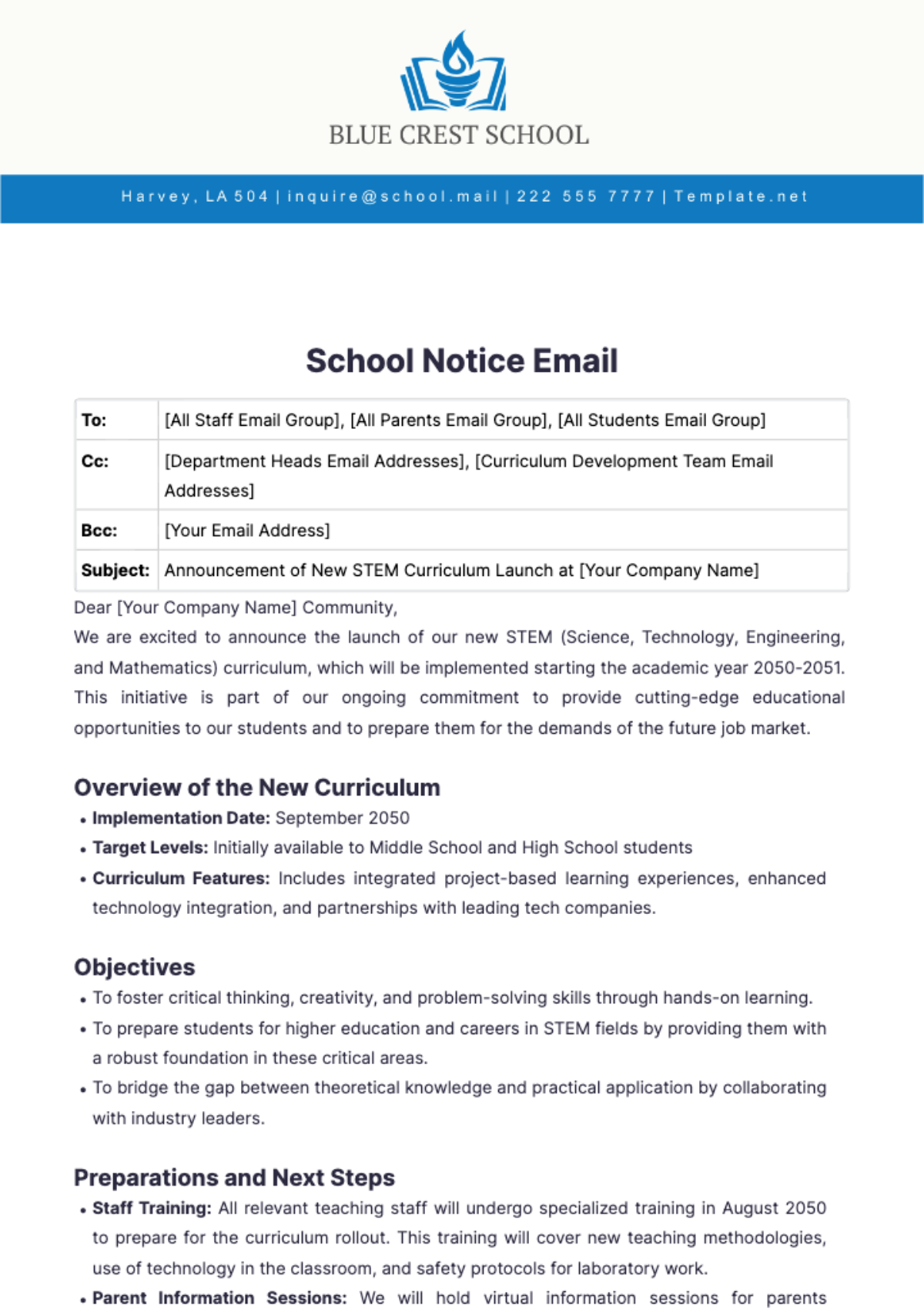 School Notice Email Template - Edit Online & Download