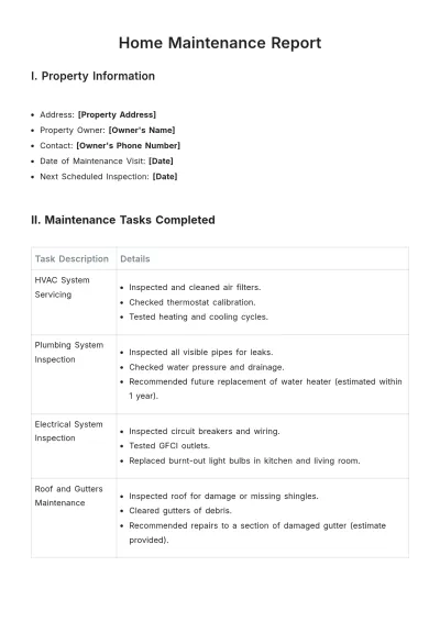 Free Home Maintenance Report Template to Edit Online