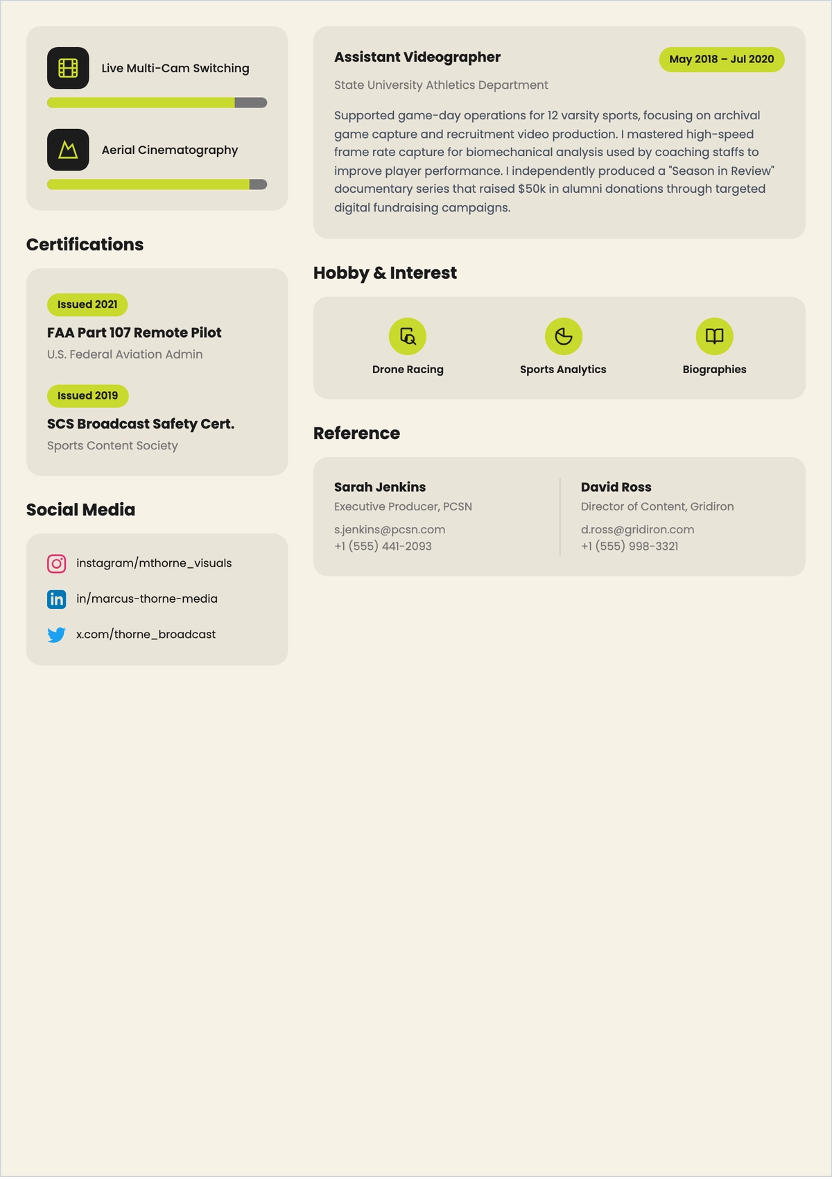 Free Sports Videographer ATS Resume Template, AI Resume Builder