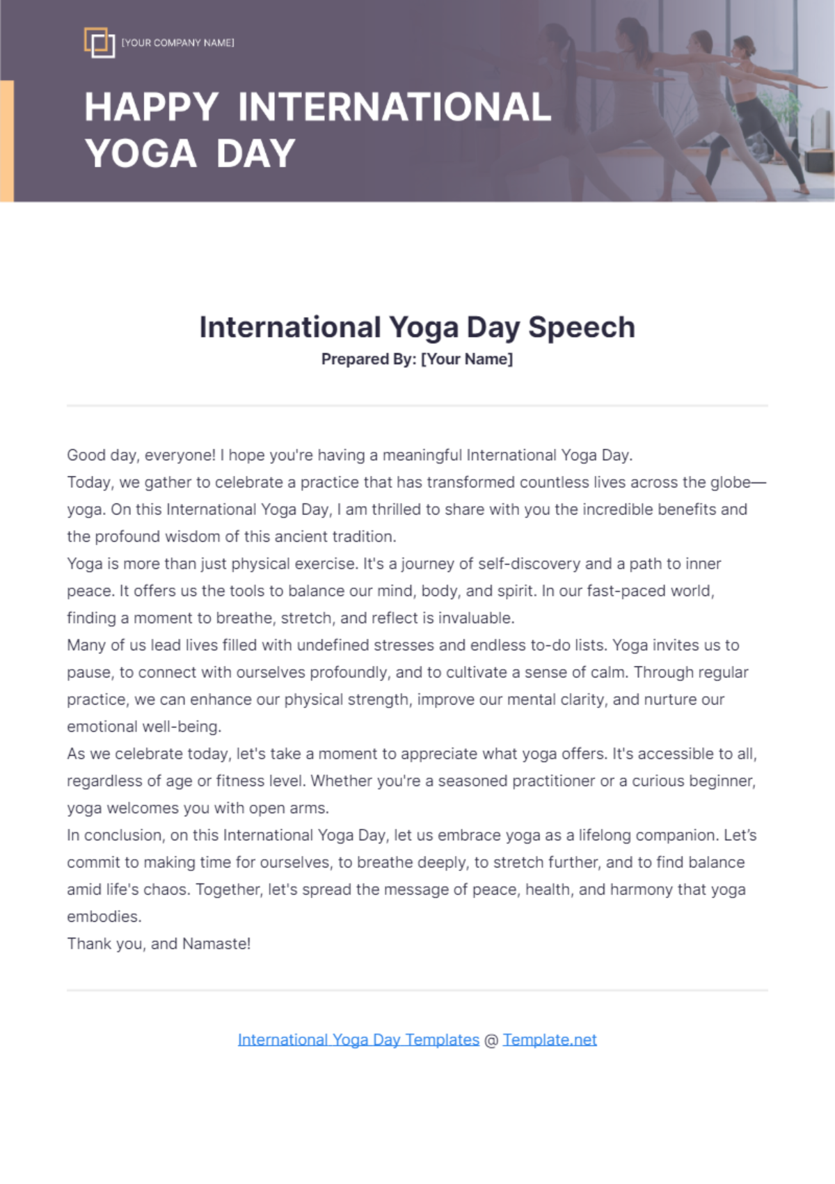 International Yoga Day Speech Template - Edit Online & Download