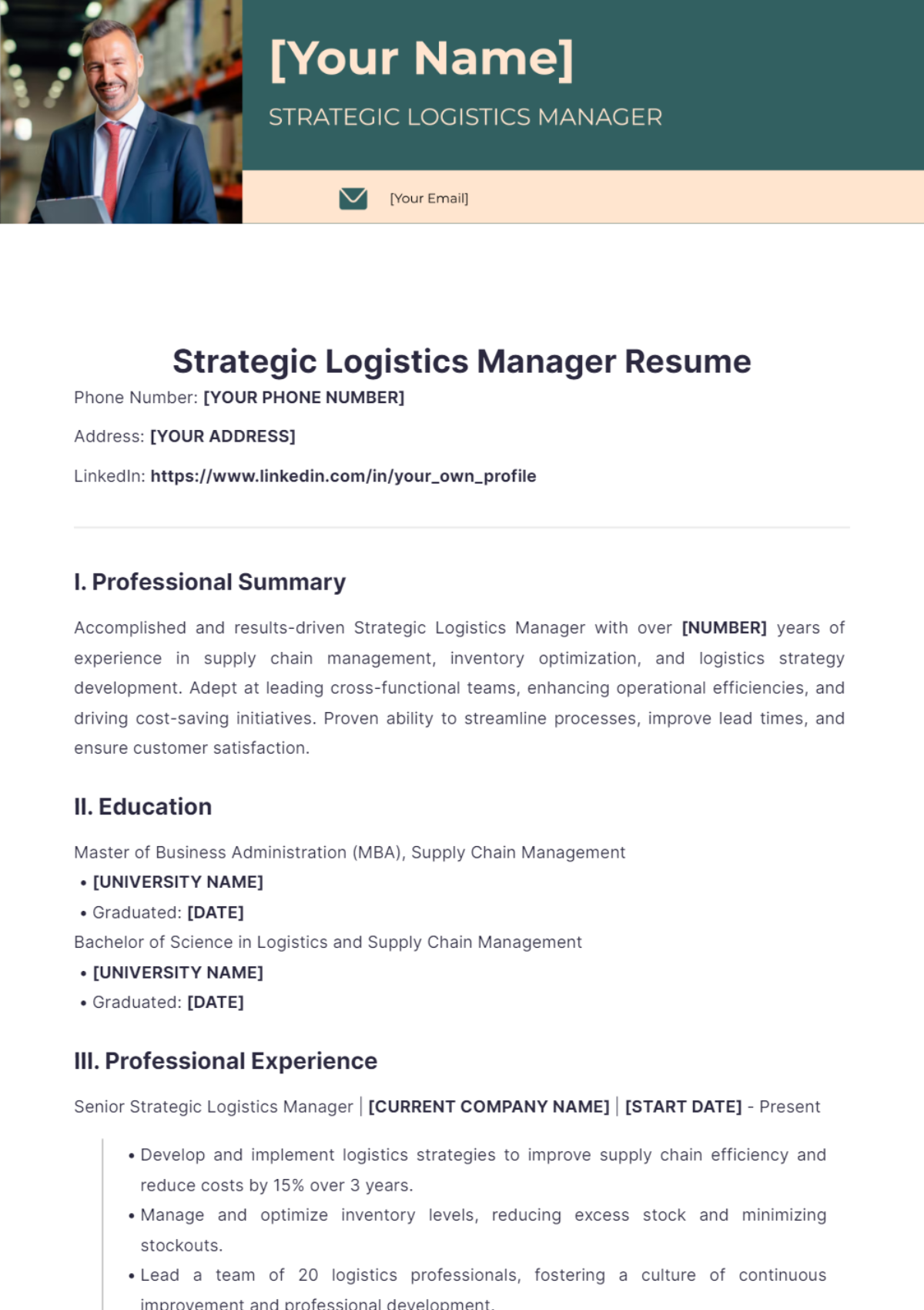 Strategic Logistics Manager Resume - Edit Online & Download