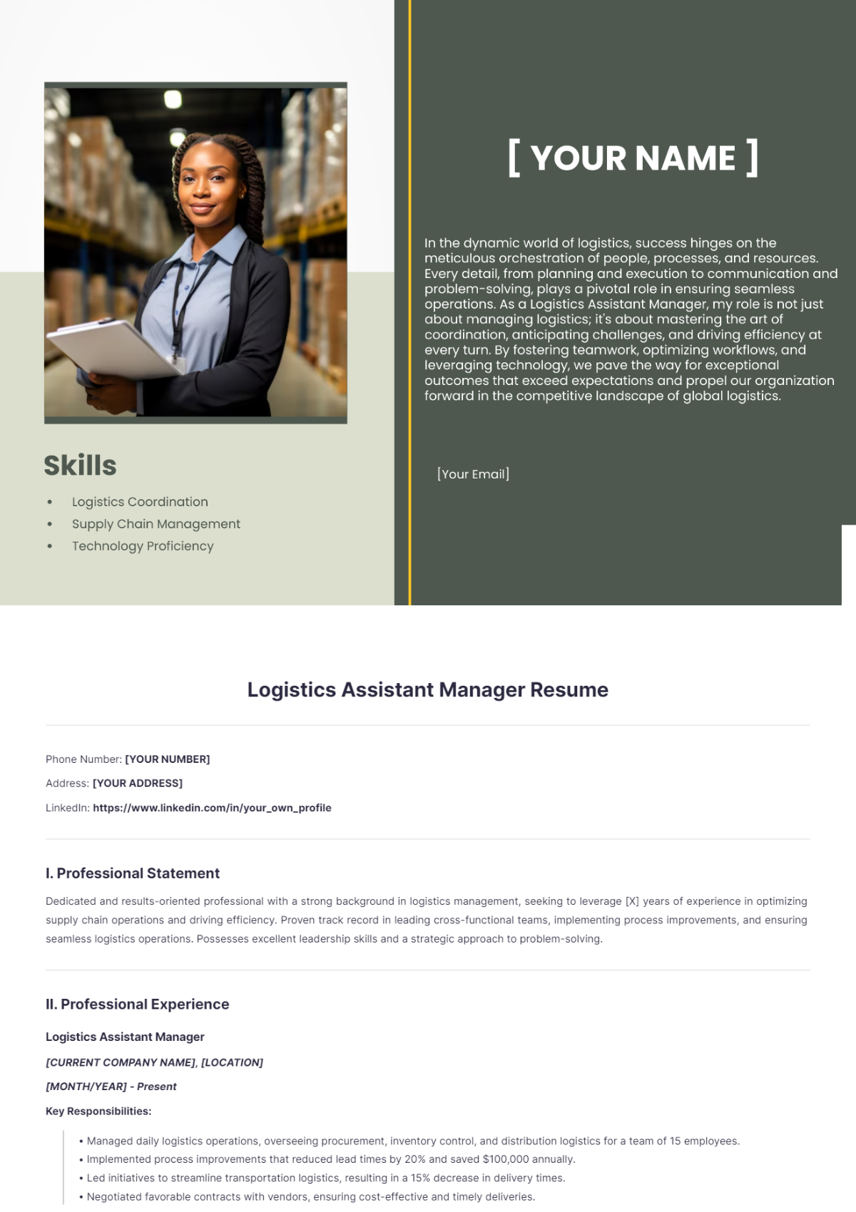 Logistics Assistant Manager Resume - Edit Online & Download