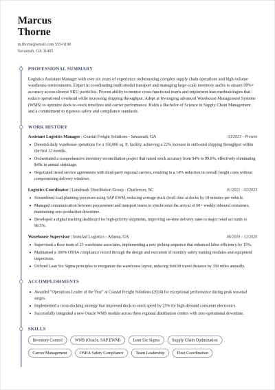 Free Logistics Assistant Manager ATS Resume Template