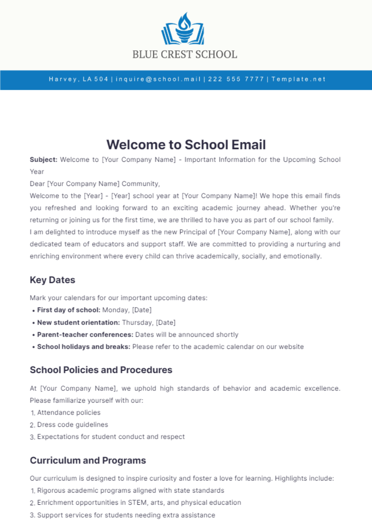 Welcome to School Email Template - Edit Online & Download