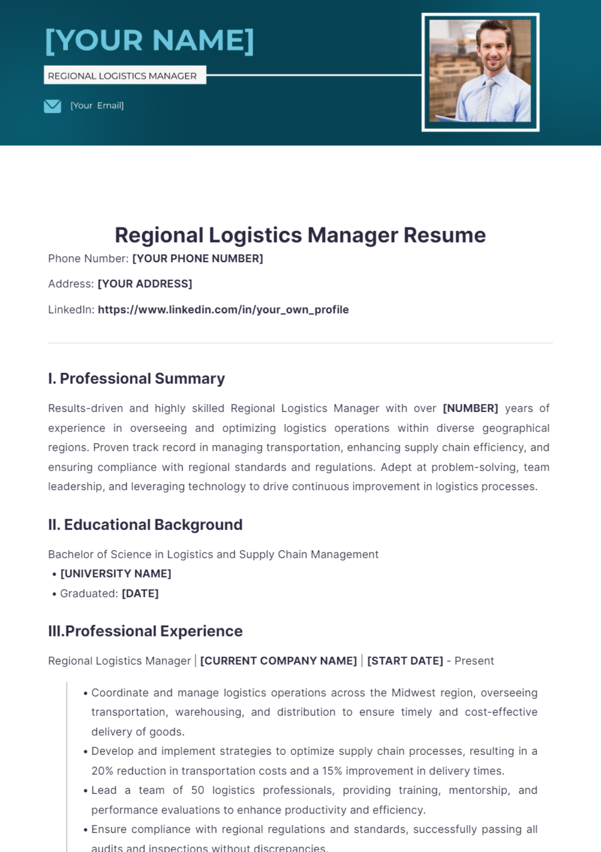 Regional Logistics Manager Resume - Download | Template.net