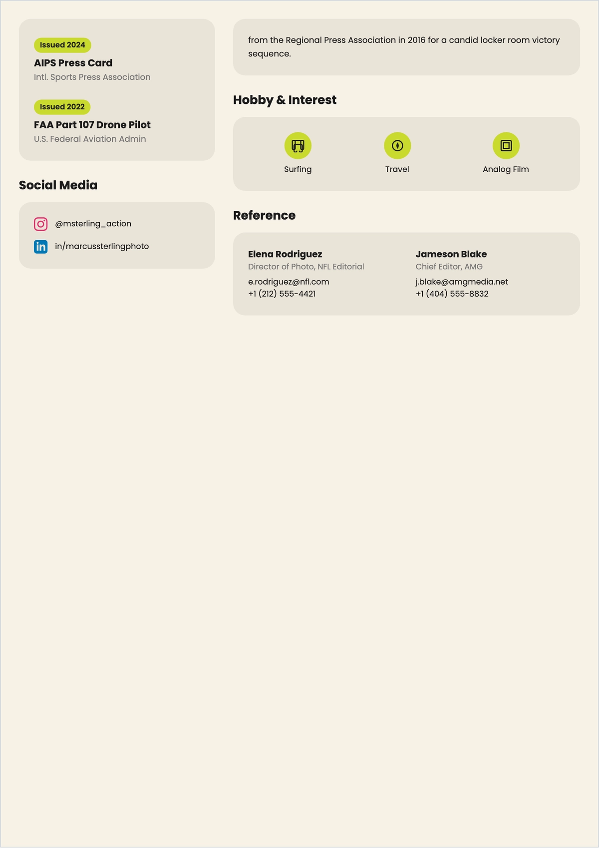 Free Freelance Sports Photographer ATS Resume Template