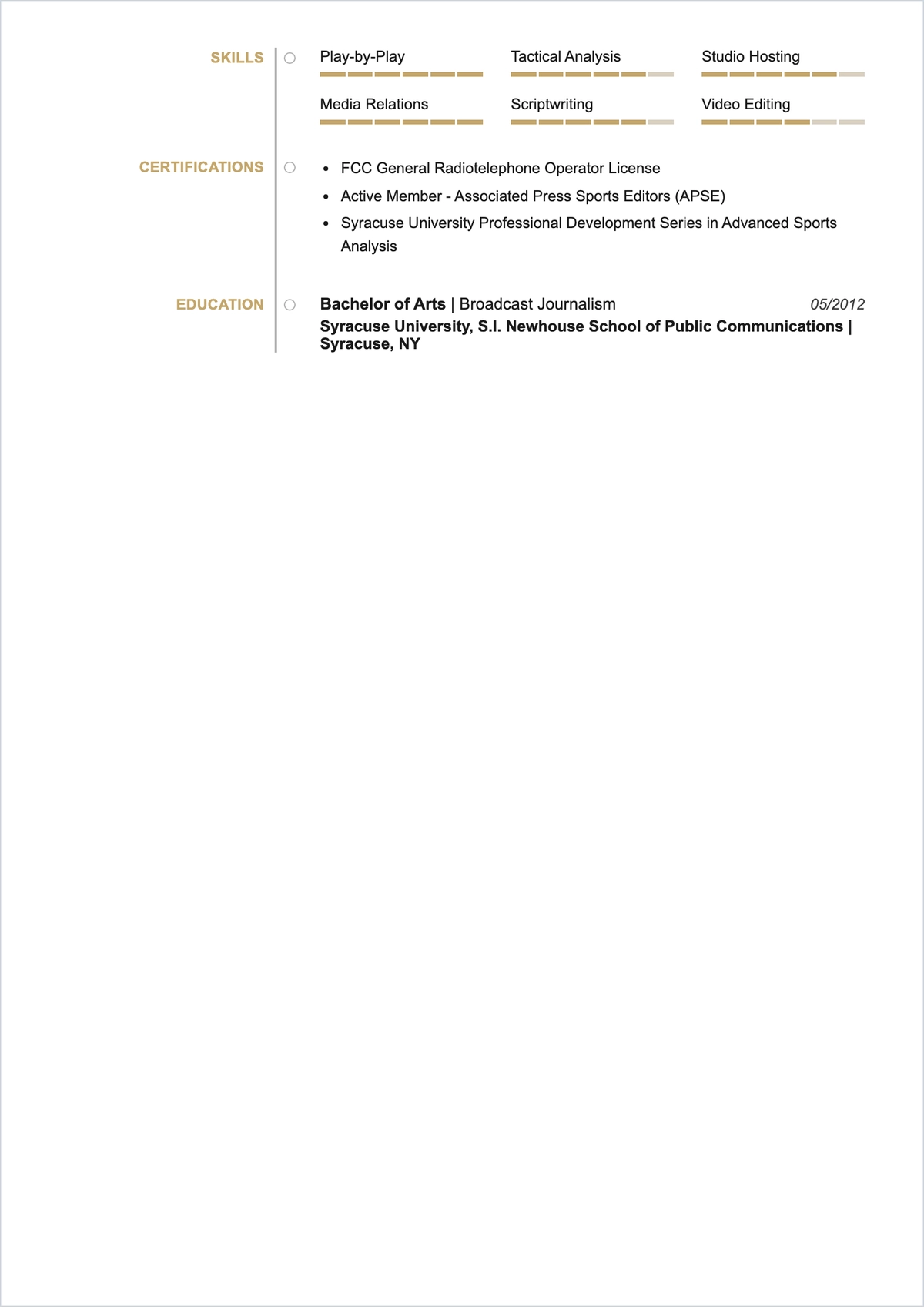 Free Sports Commentator ATS Resume Template, AI Resume Builder