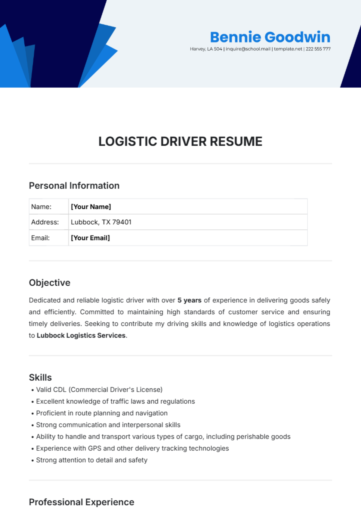 Logistics Driver Resume Template - Edit Online & Download