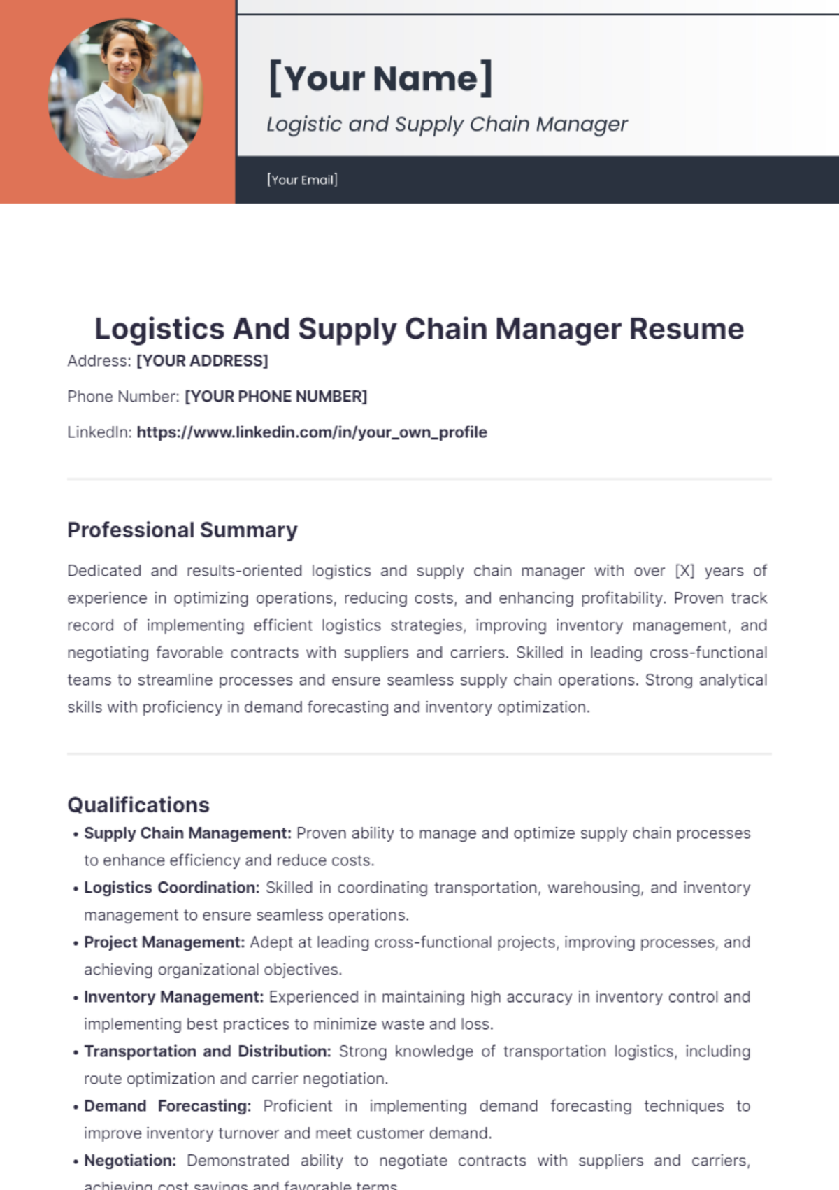 Logistics And Supply Chain Manager Resume - Edit Online & Download