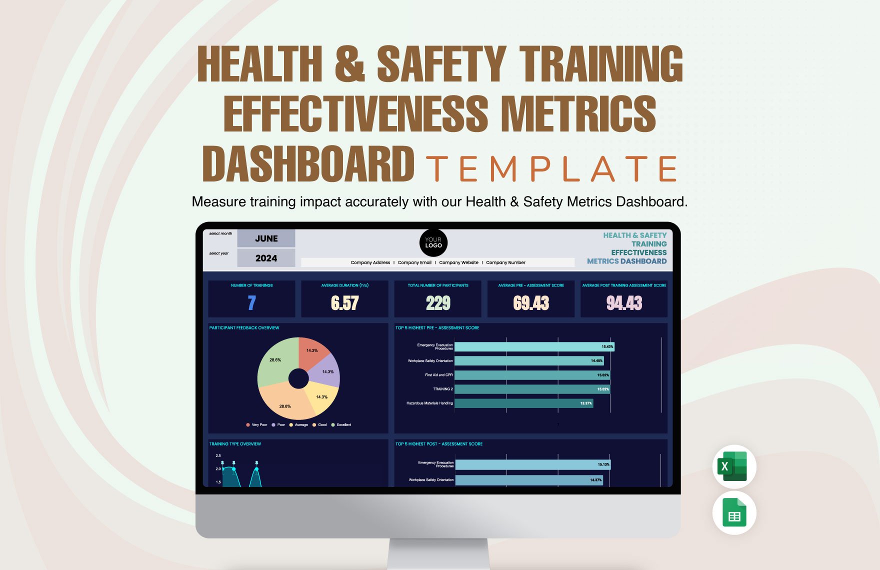 Health & Safety Training Effectiveness Metrics Dashboard Template in Excel, Google Sheets