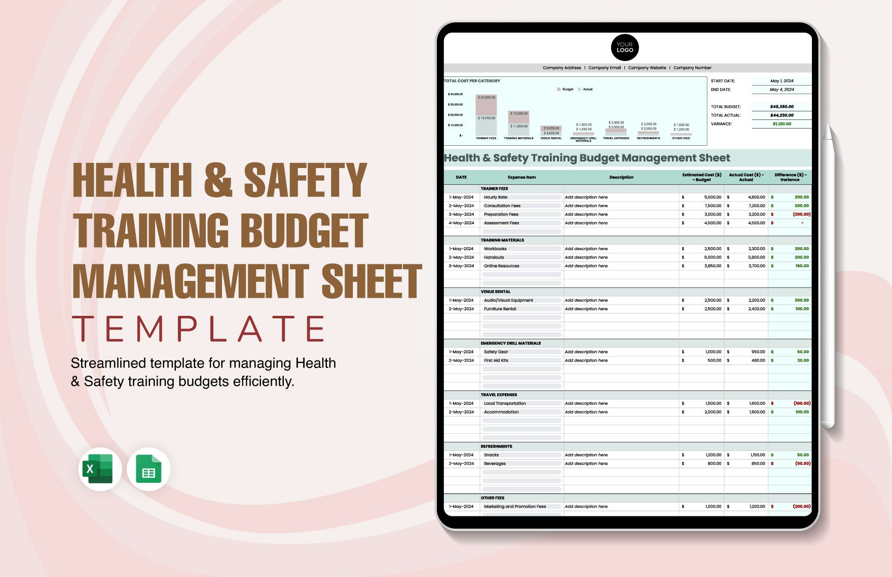 Health & Safety Training Budget Management Sheet Template in Excel, Google Sheets