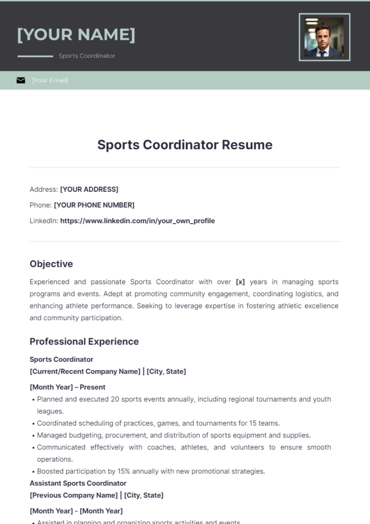 Sports Coordinator Resume Templates Edit Online & Download Example