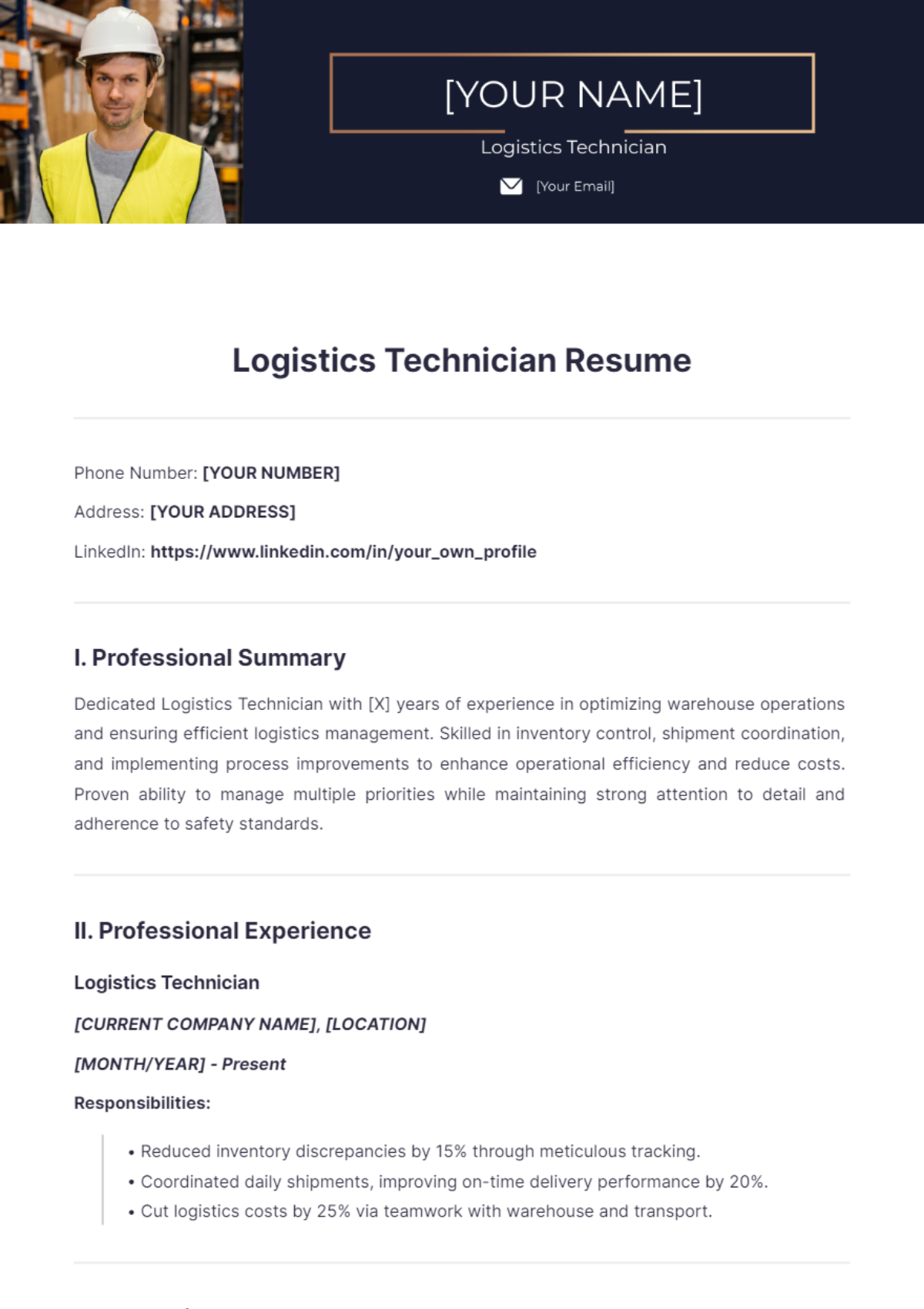 Logistics Technician Resume - Edit Online & Download