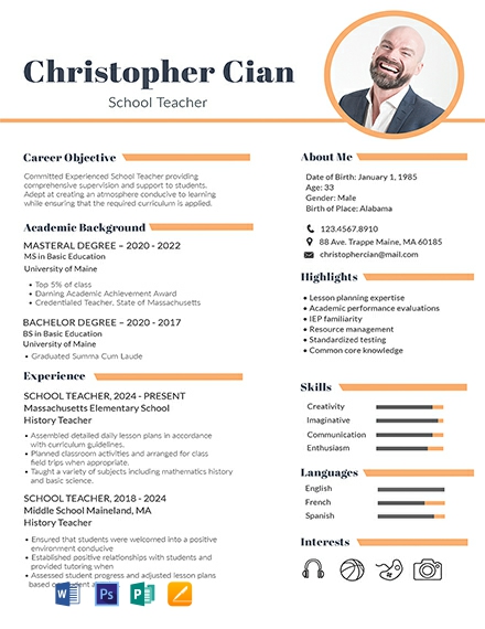 Experienced School Teacher Resume Template - Word, Apple Pages, PSD, Publisher