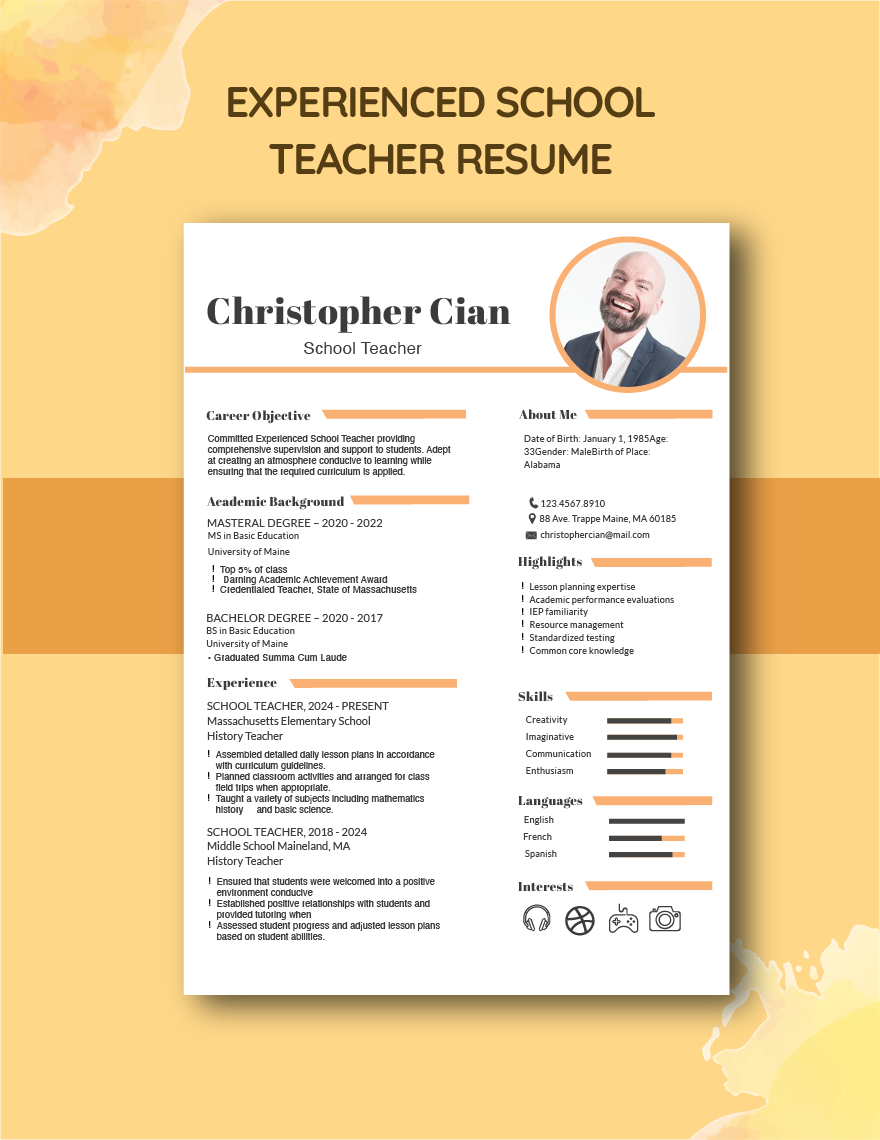 Experienced School Teacher Resume
