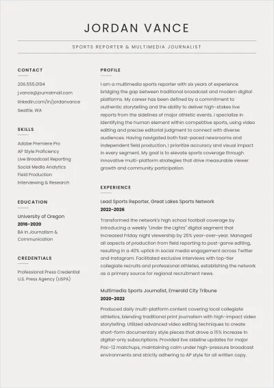 Free Sports Reporter ATS Resume Template, AI Resume Builder