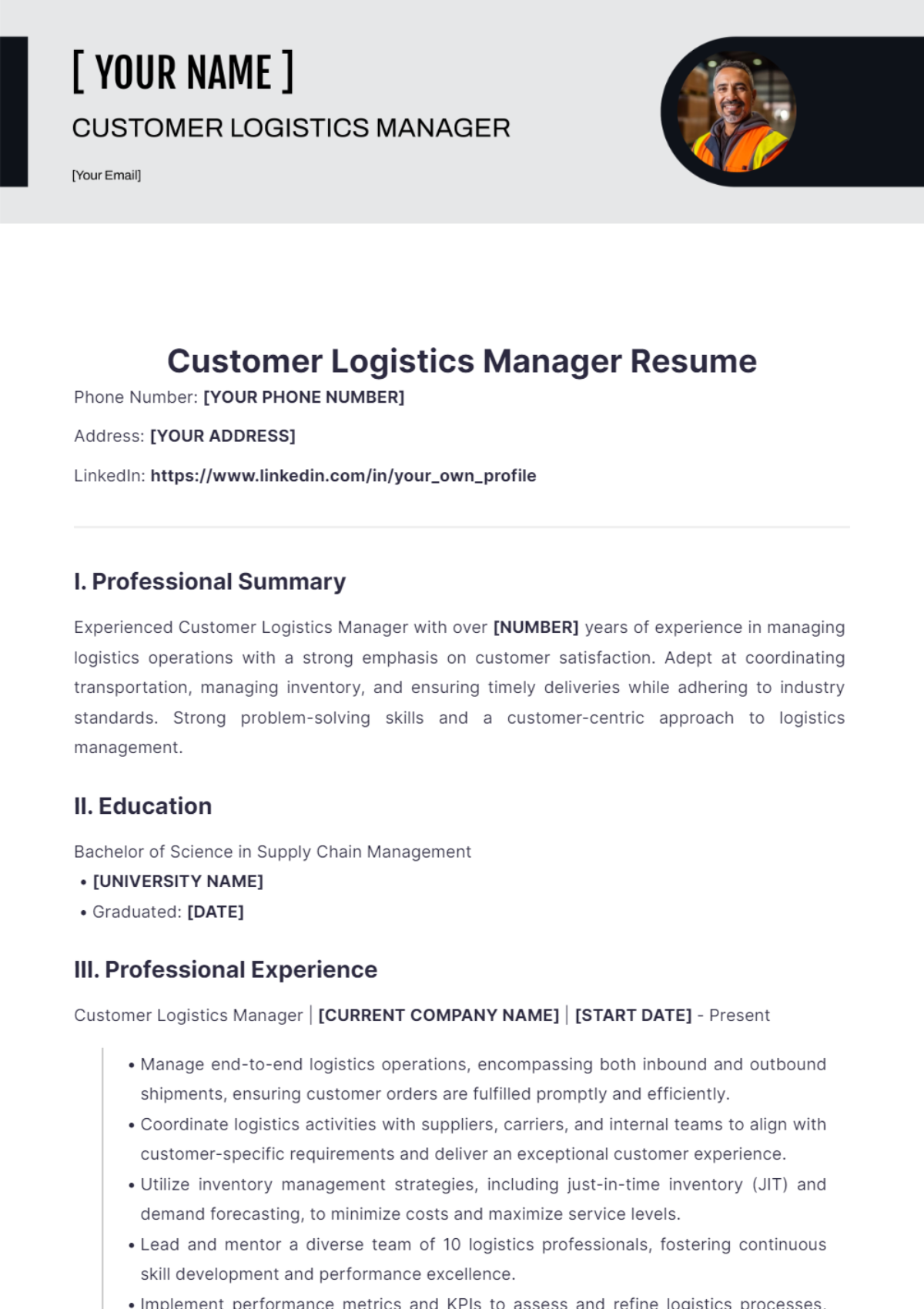 Customer Logistics Manager Resume - Edit Online & Download