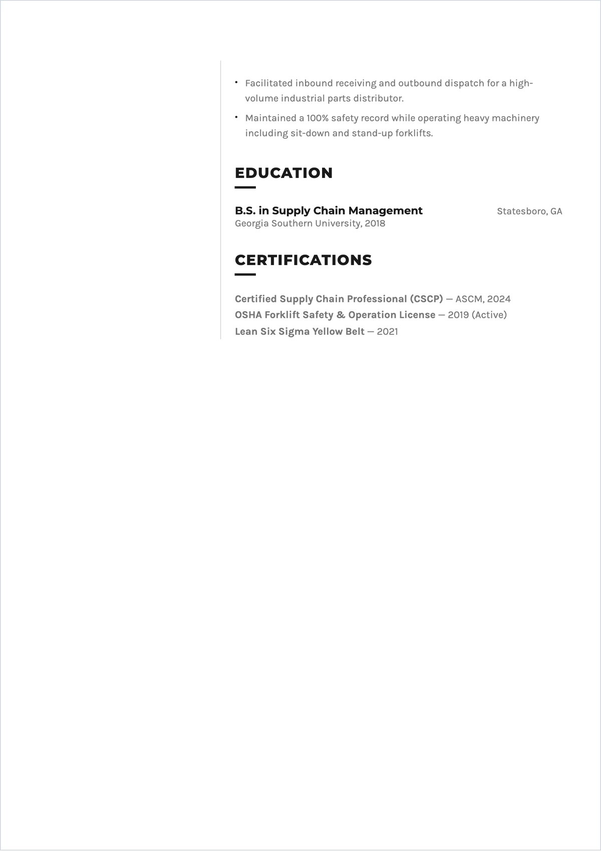 Free Logistics Support Specialist ATS Resume Template