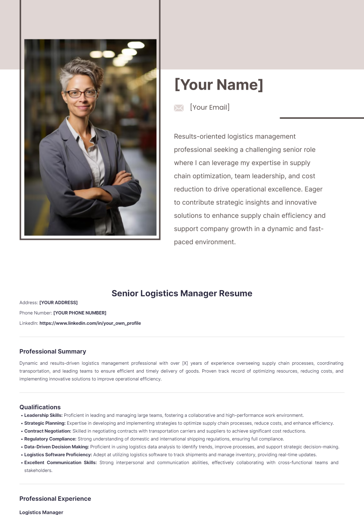 Senior Logistics Manager Resume - Edit Online & Download