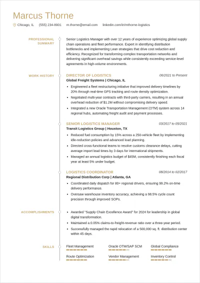 Free Senior Logistics Manager ATS Resume Template, AI Resume Builder