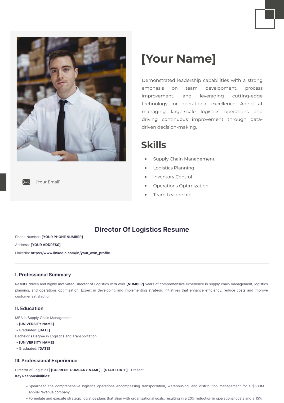 Director Of Logistics Resume - Edit Online & Download