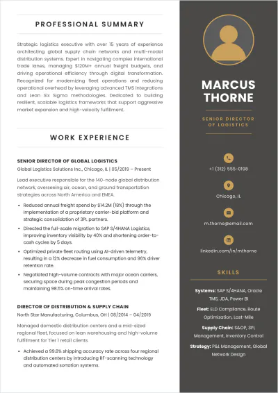 Free Director Of Logistics ATS Resume Template, AI Resume Builder