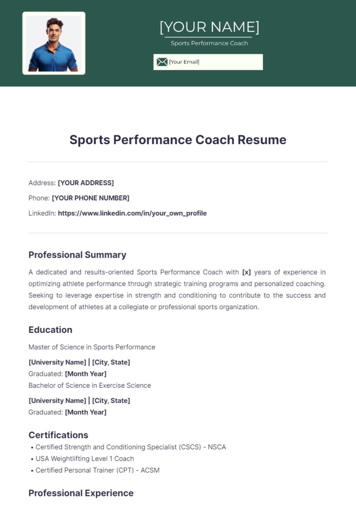 Free Sports Performance Coach Resume Template - Edit Online & Download ...