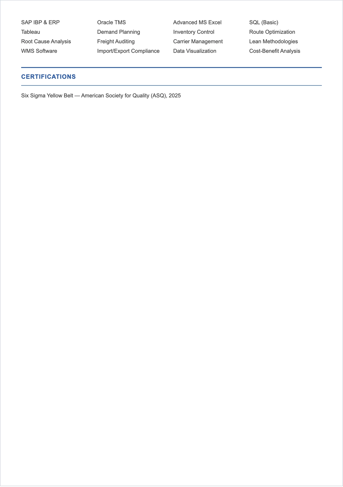Free Junior Logistics Analyst ATS Resume Template, AI Resume Builder