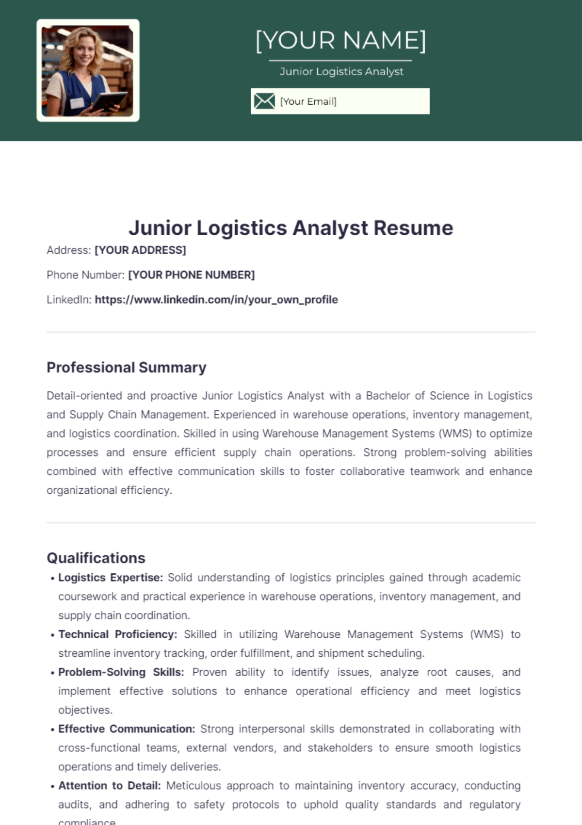 Junior Logistics Analyst Resume - Edit Online & Download