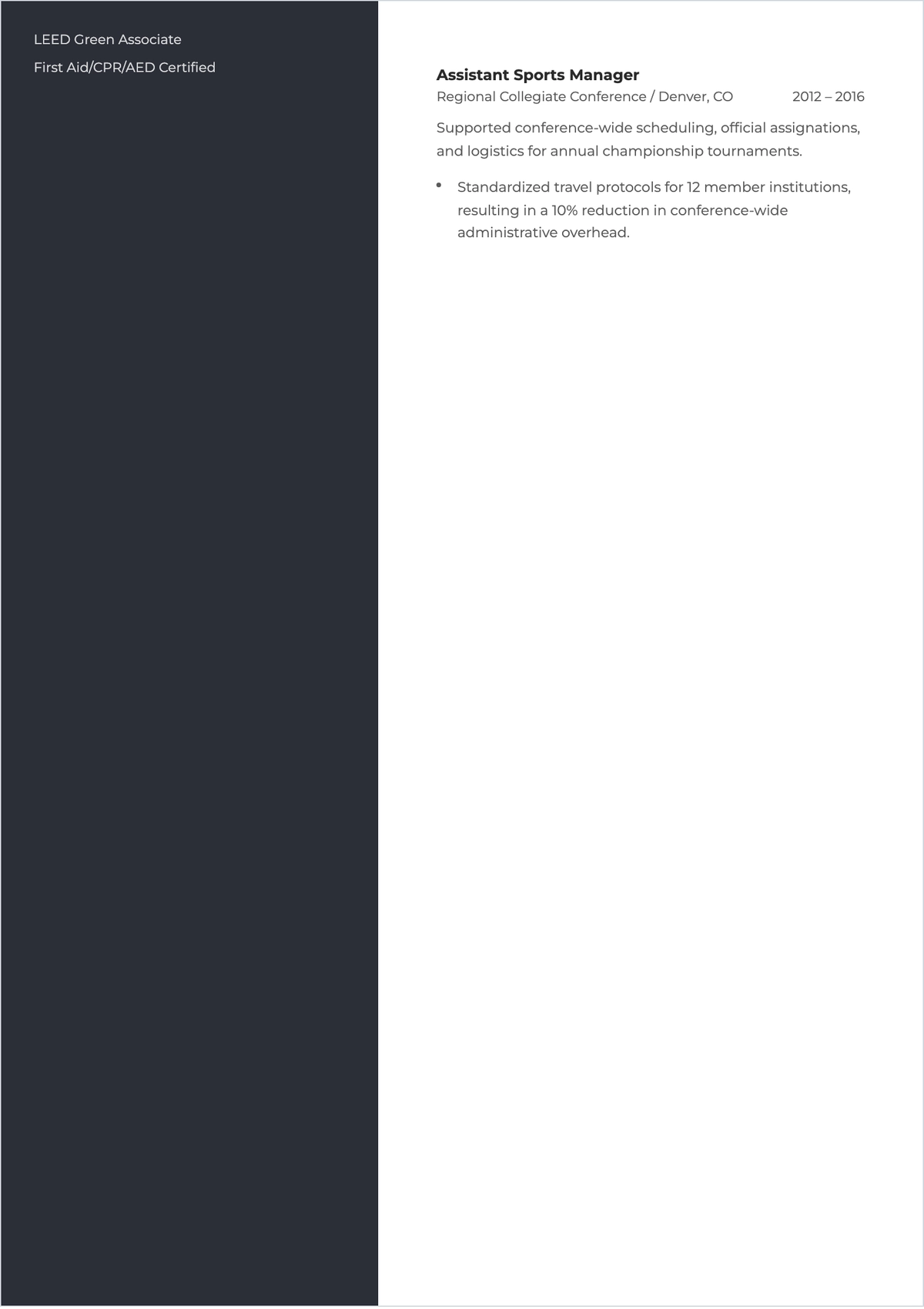 Free Sports Administration ATS Resume Template, AI Resume Builder