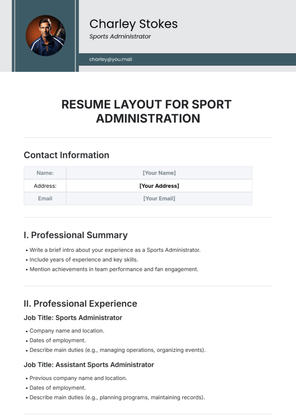 Resume Layout for Sports Administration Template - Edit Online & Download