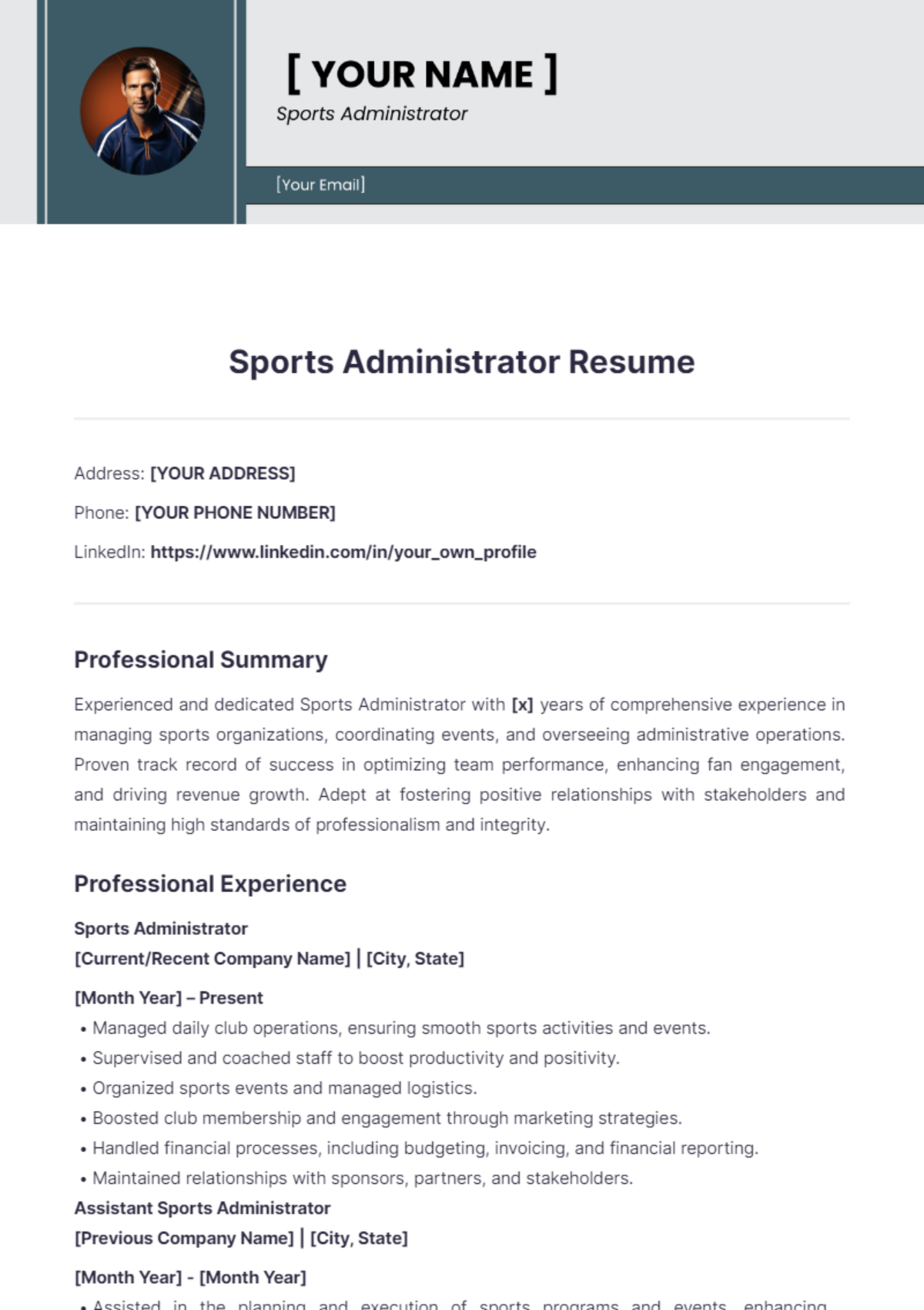 Sports Administrator Resume Templates - Edit Online & Download Example ...