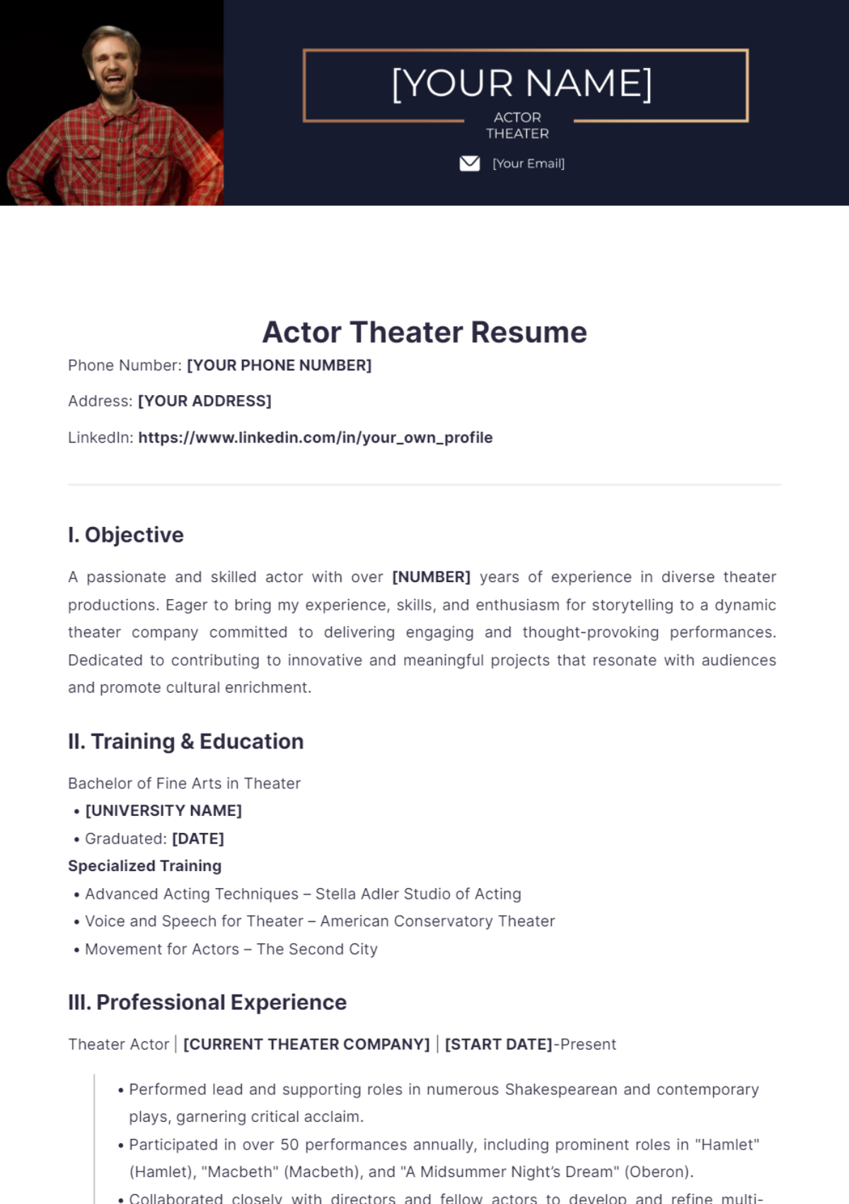 Free Actor Theater Resume Template - Edit Online & Download | Template.net