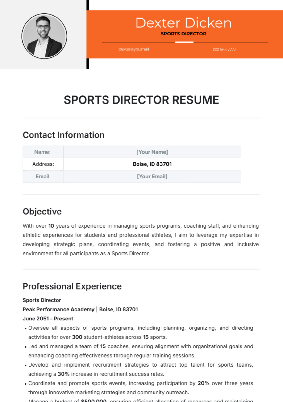 Sports Director Resume Template - Edit Online & Download