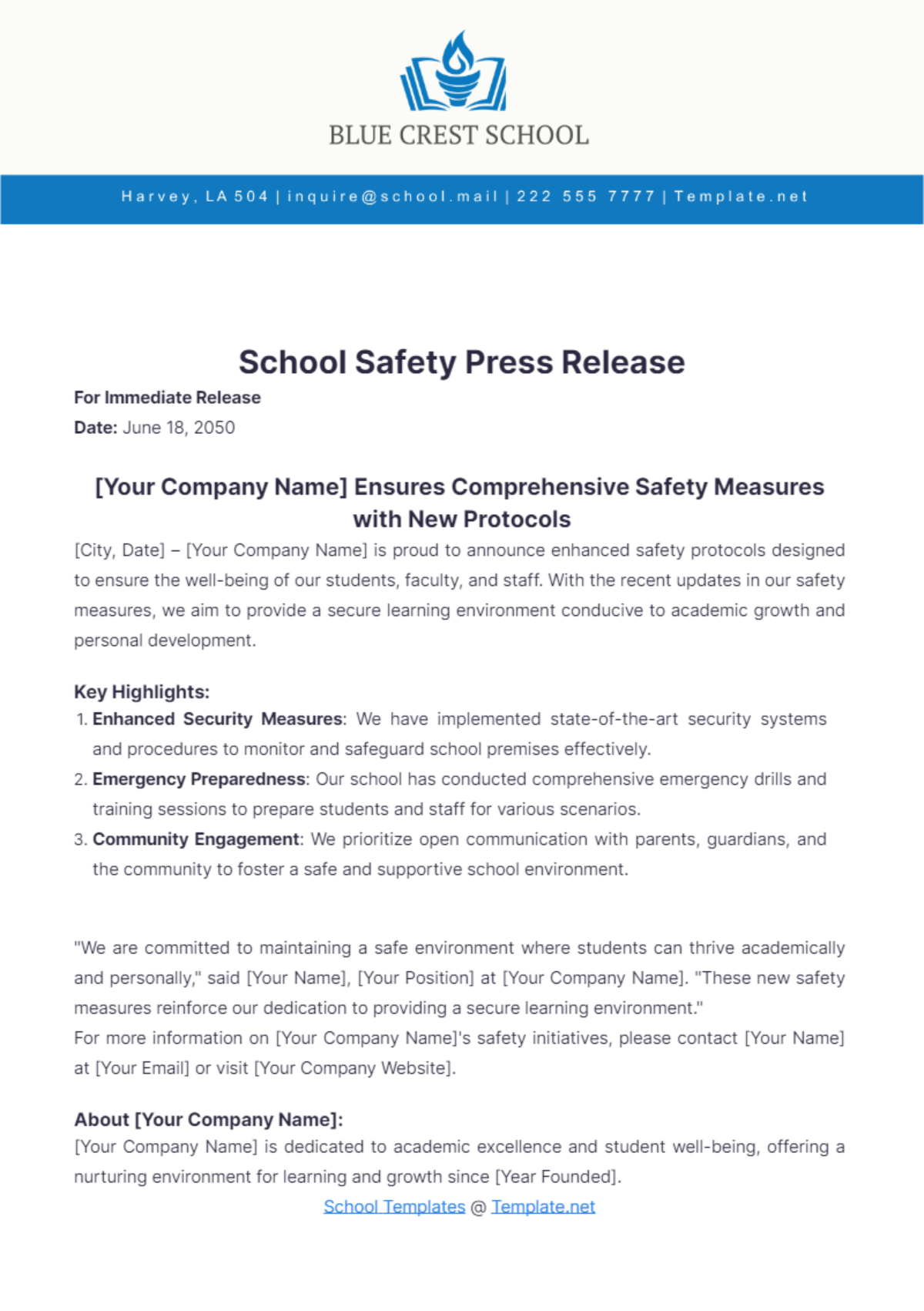 School Safety Press Release Template - Edit Online & Download