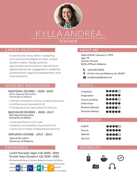 Fresher Teacher Resume Template - Word, Apple Pages, PSD, Publisher