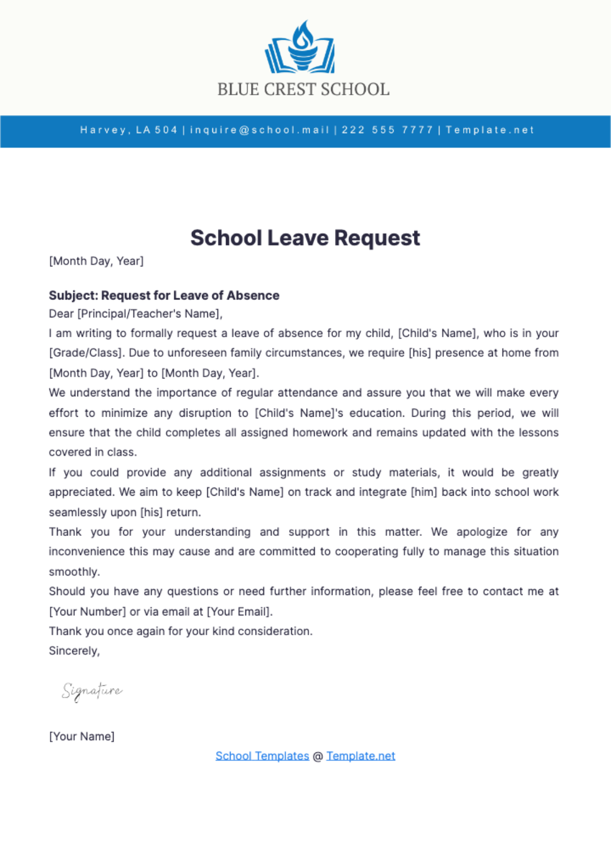 School Leave Email Template - Edit Online & Download