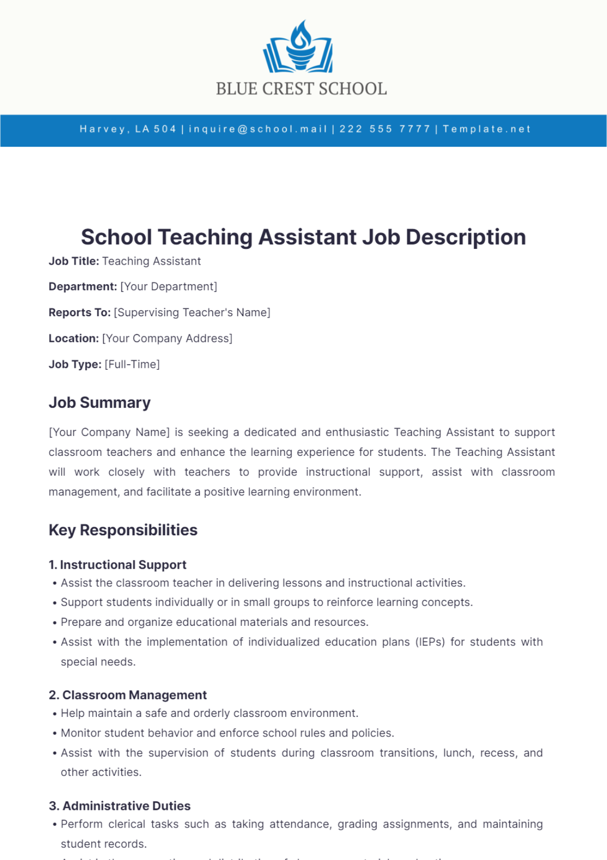 School Teaching Assistant Job Description Template - Edit Online & Download