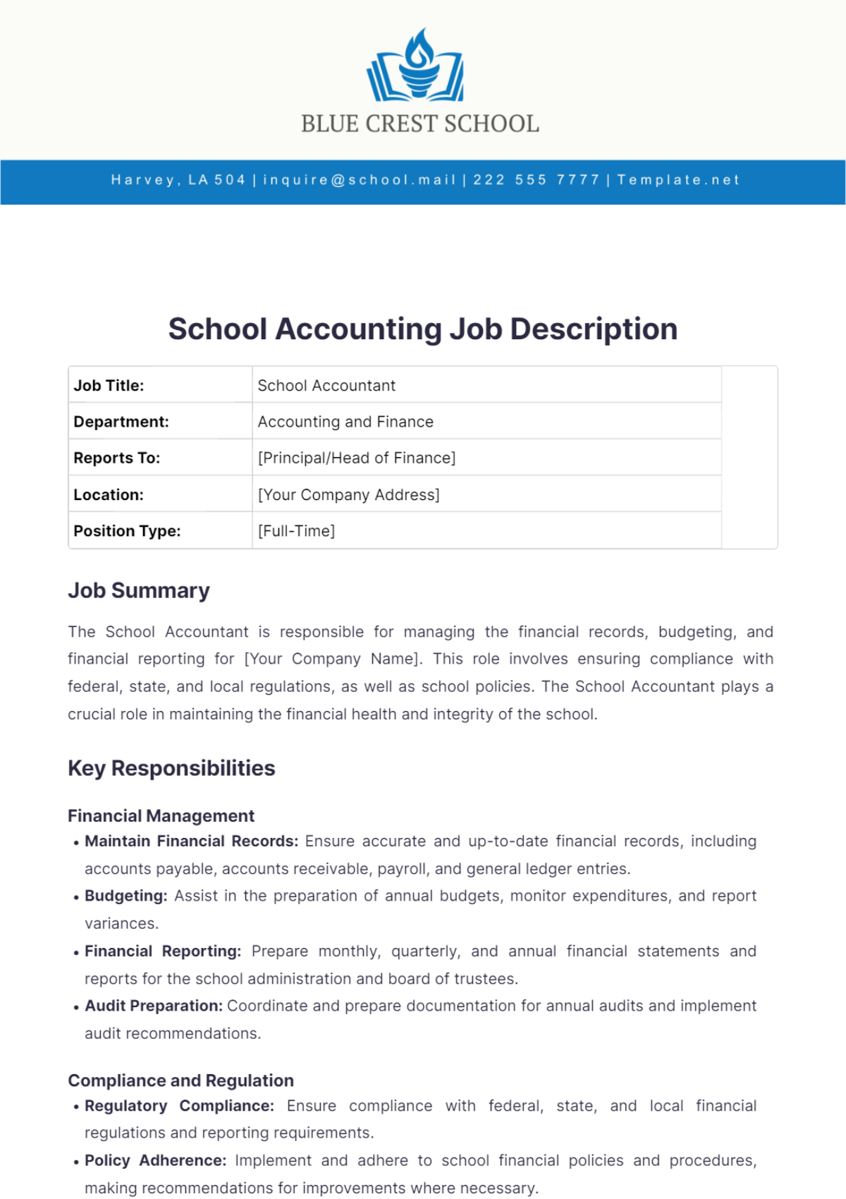 School Accounting Job Description Template - Edit Online & Download