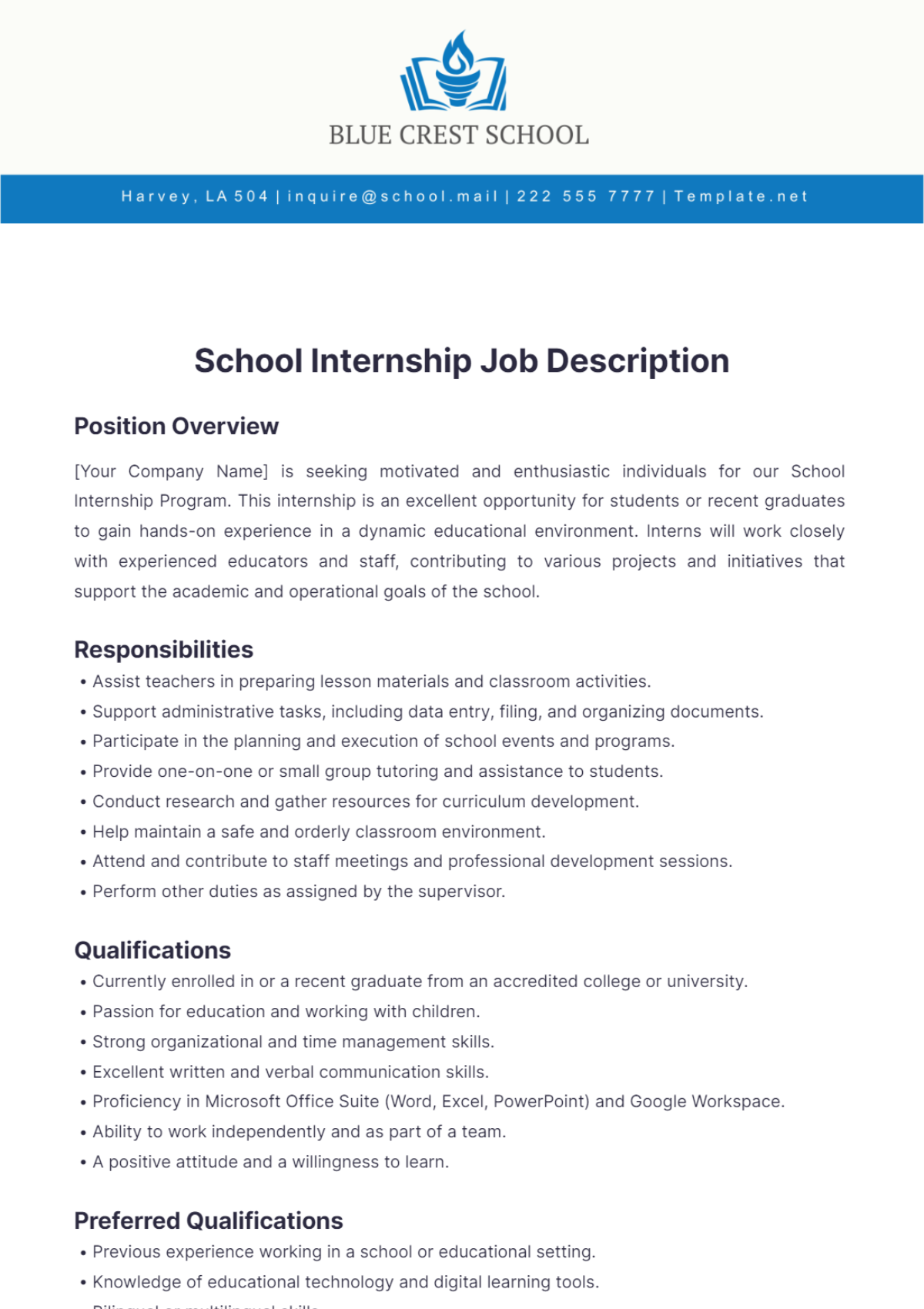 School Internship Job Description Template - Edit Online & Download