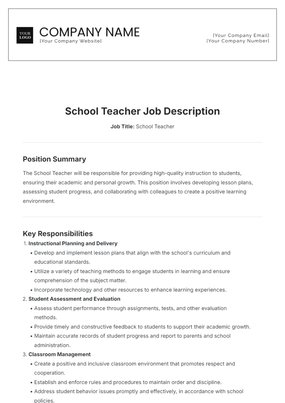 School Teacher Job Description Template - Edit Online & Download