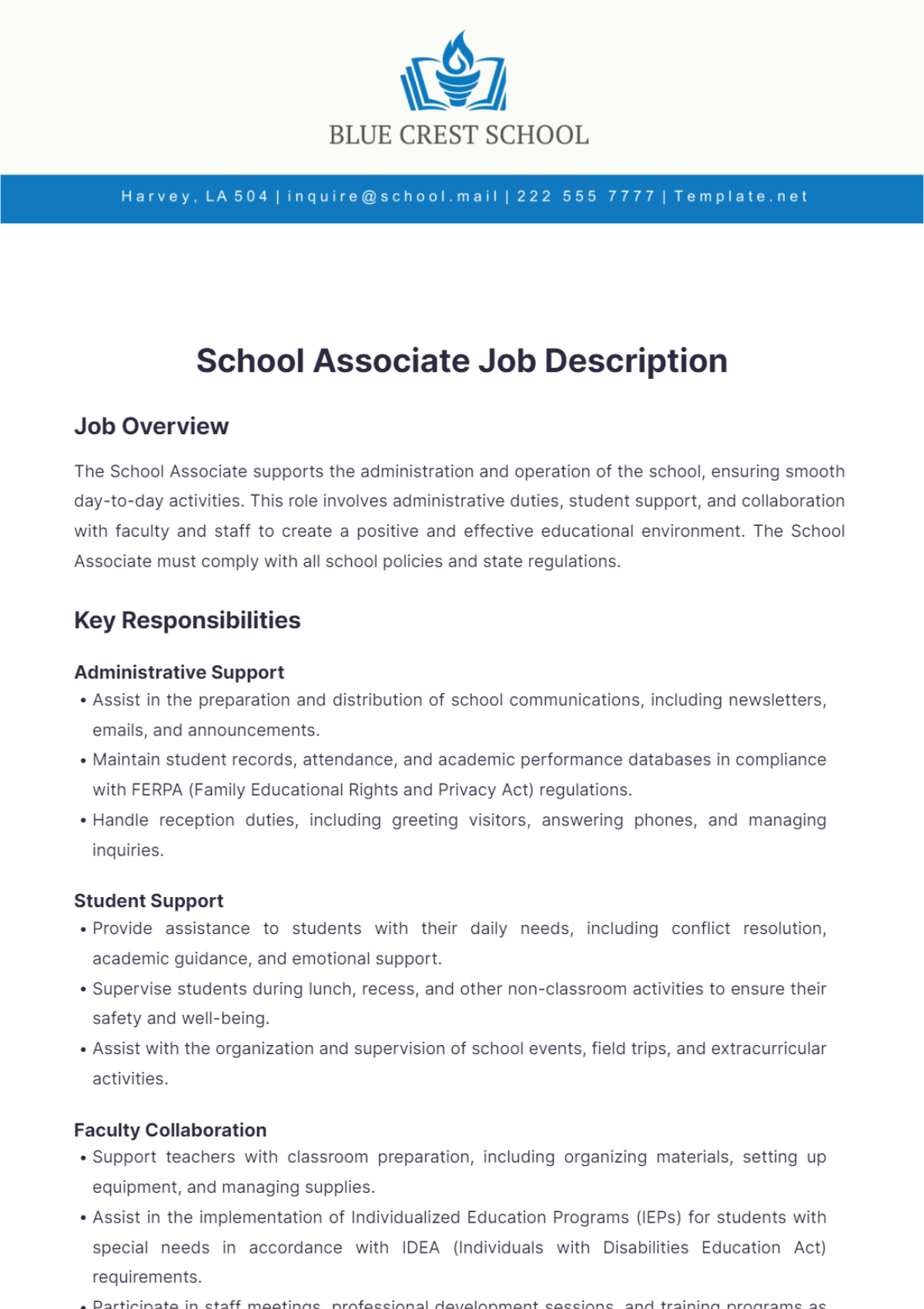 School Associate Job Description Template - Edit Online & Download