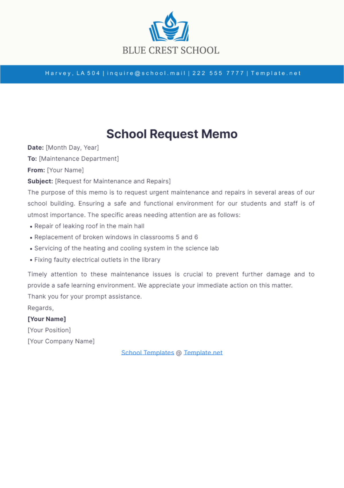 School Request Memo Template - Edit Online & Download